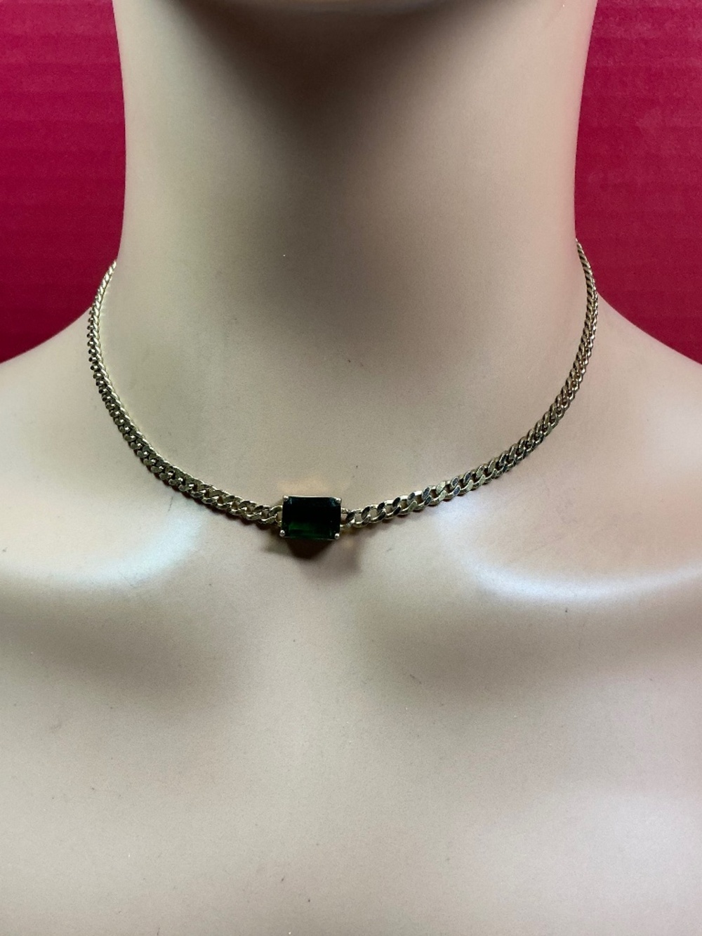 Sterling Silver Gold Plated Cuban Link Choker W/ Green Rectangular Stone.